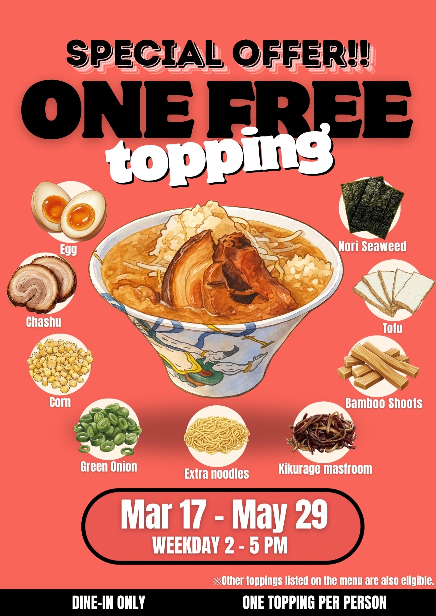 Free Topping Campaign Poster - Ramen Raijin Toronto