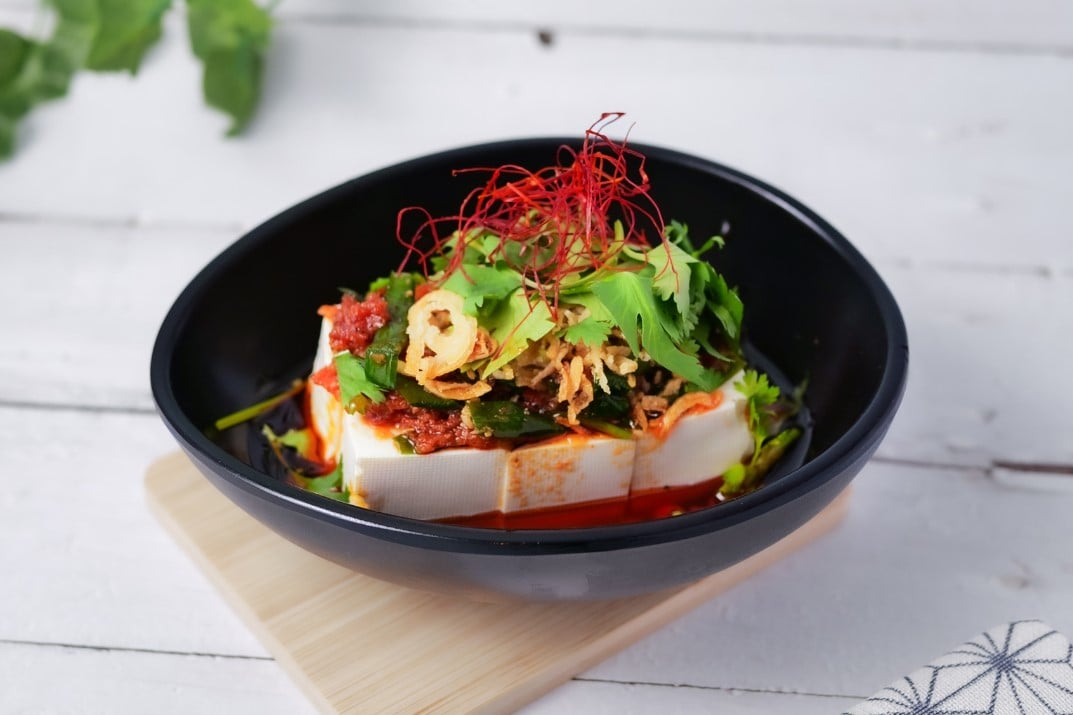 Spicy Tofu — homemade chili oil tofu with cilantro at Ramen RAIJIN Toronto