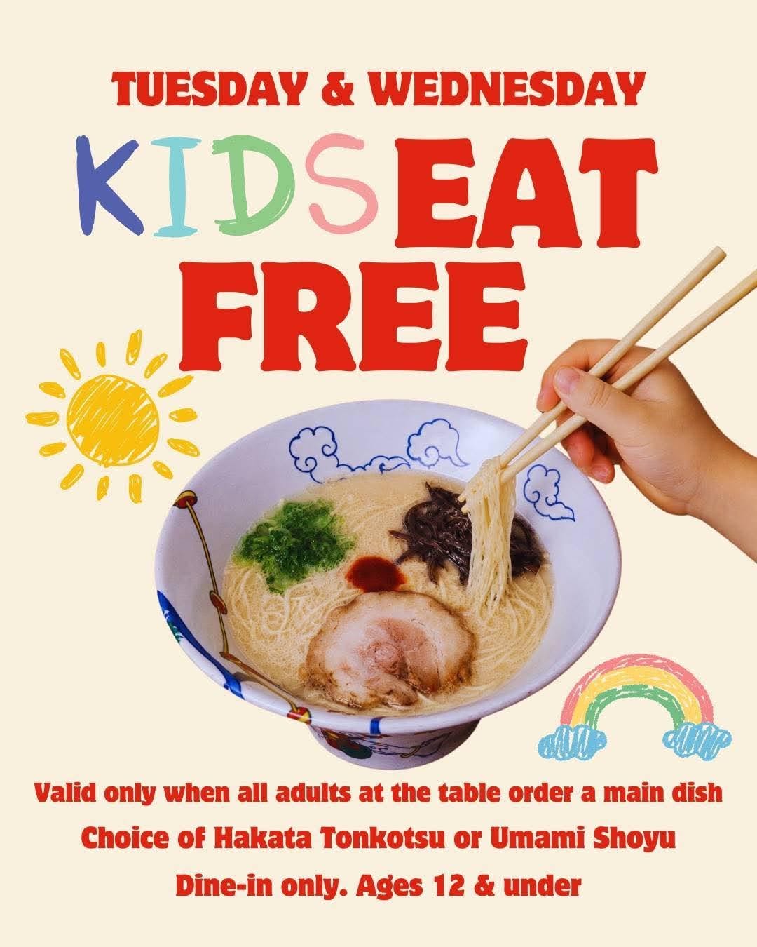 Kids Eat Free Tuesday and Wednesday flyer at ramen RAIJIN Toronto