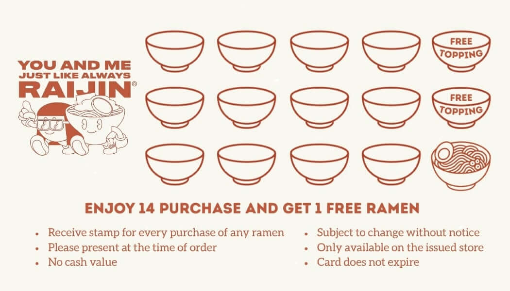New ramen RAIJIN Toronto loyalty card back with ramen-bowl stamps and free ramen reward