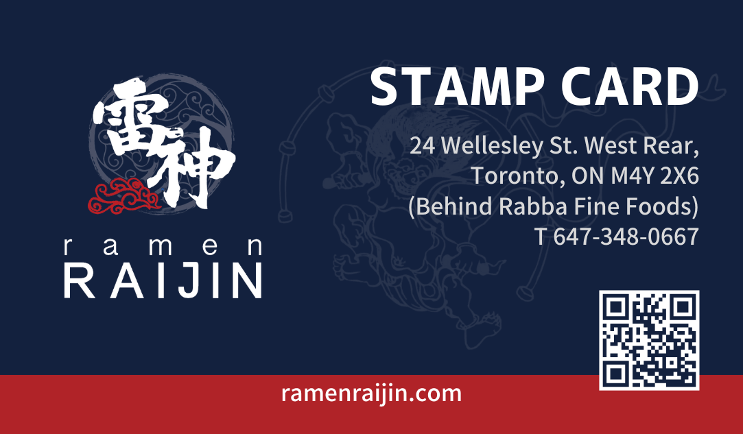 Previous ramen RAIJIN Toronto stamp card front, navy business-card design