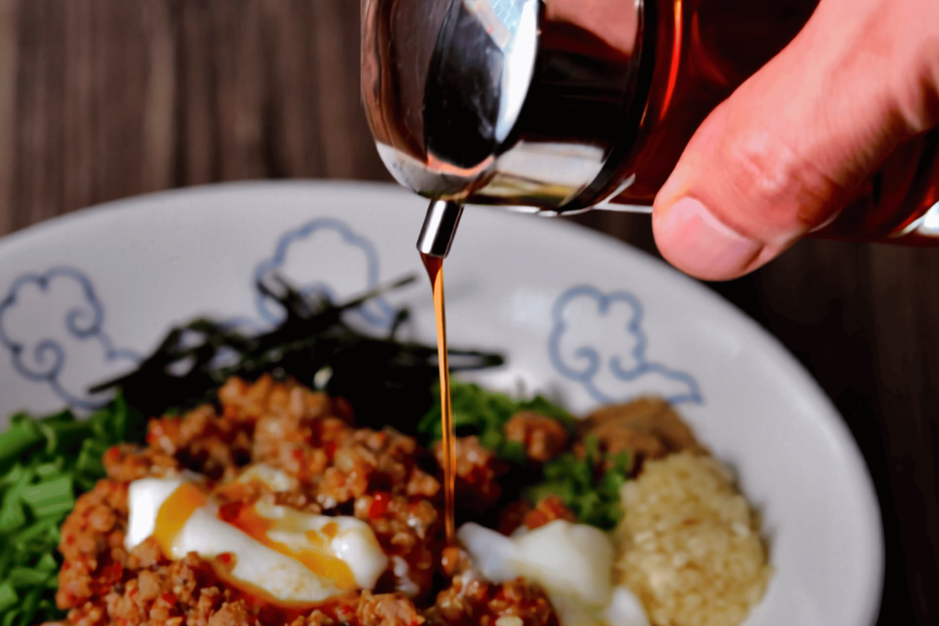 RAMEN RAIJIN chilli oil on the table for changing the flavour of Spicy Taiwanese Mazesoba