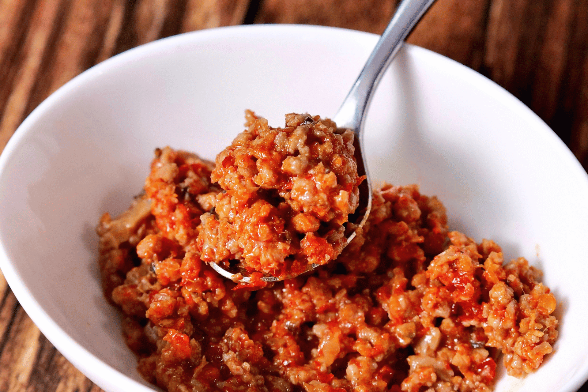 RAIJIN&rsquo;s own niku-miso — spicy Taiwanese minced pork made in house, the centre of RAMEN RAIJIN Spicy Taiwanese Mazesoba