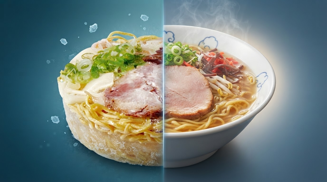RAMEN RAIJIN Frozen Shio Tanmen — the frozen pack and the finished bowl, 700 g, limited run of 100